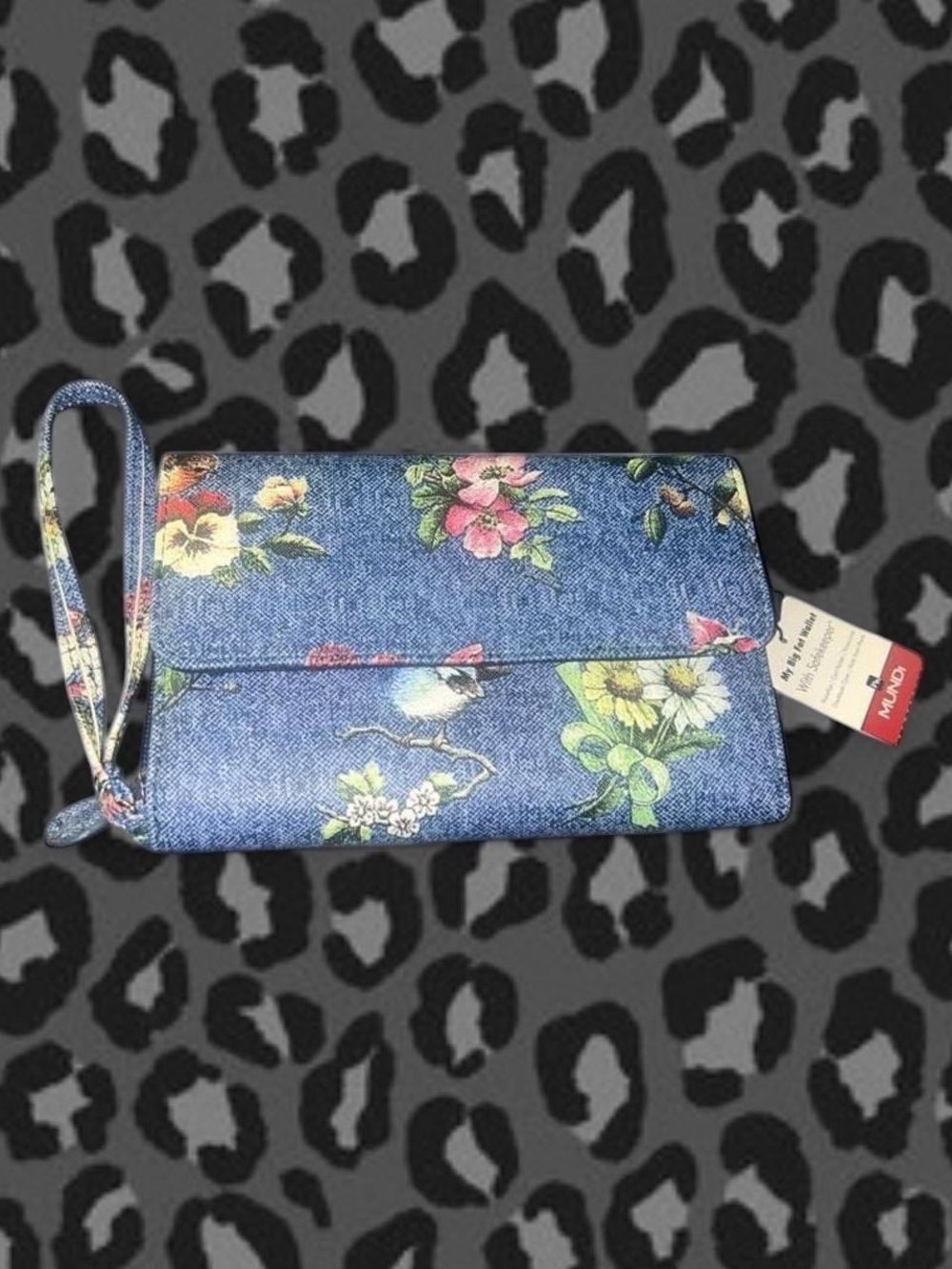 mundi Denim-Print Floral Wristlet Card Holder in Blue with Multicolor Flowers